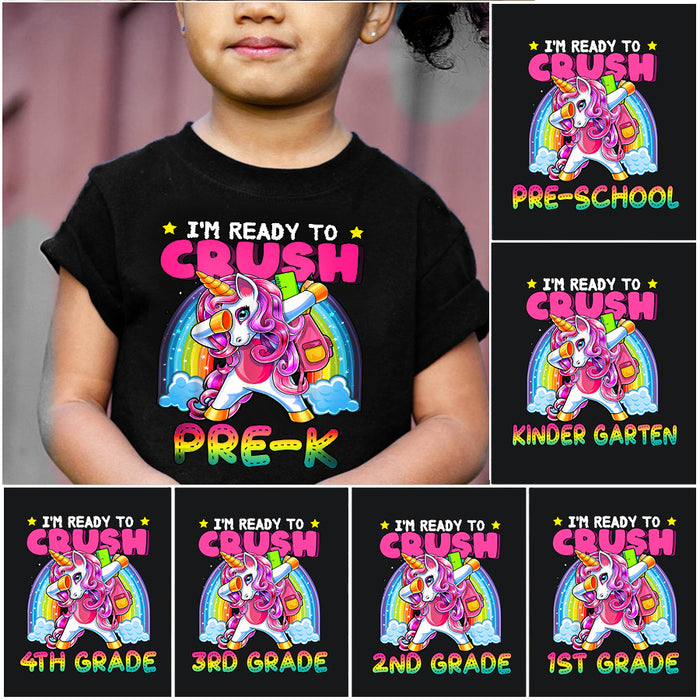 Personalized T-Shirt For Kids I'm Ready To Crush Pre-K Cute Dabbing Unicorn With Rainbow Printed Custom Grade Level