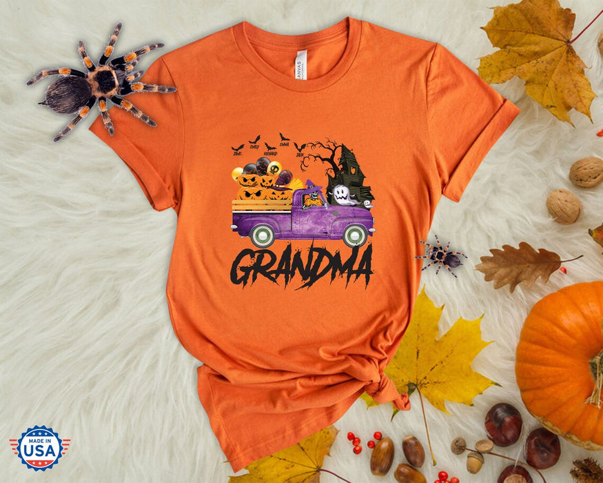 Personalized T-Shirt For Grandma Purple Pumpkin Truck With Ghost And Bat Printed Custom Grandkids Name Halloween Shirt