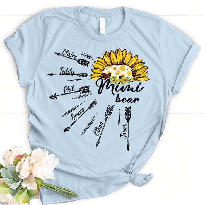 Personalized T-Shirt For Grandma Mimi Bear Haft Sunflower & Arrow Printed Custom Grandkids Name