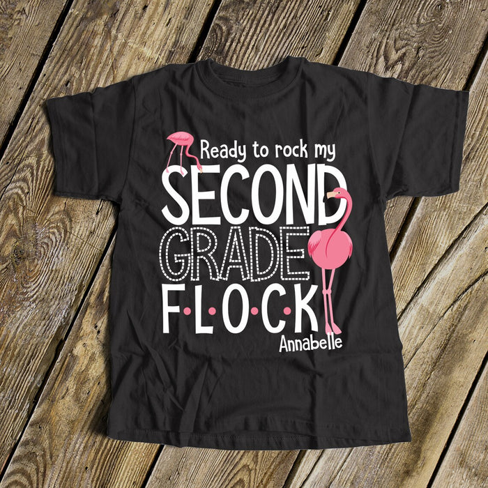 Personalized T-Shirt For Kids Ready To Rock My Second Grade Flock Pink Flamingo Custom Name & Grade Level