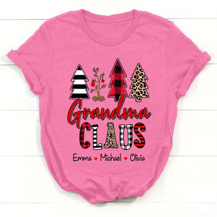 Personalized T-Shirt Grandma Claus Print Christmas Tree Plaid Leopard Stripe Design Custom Grandkids Name