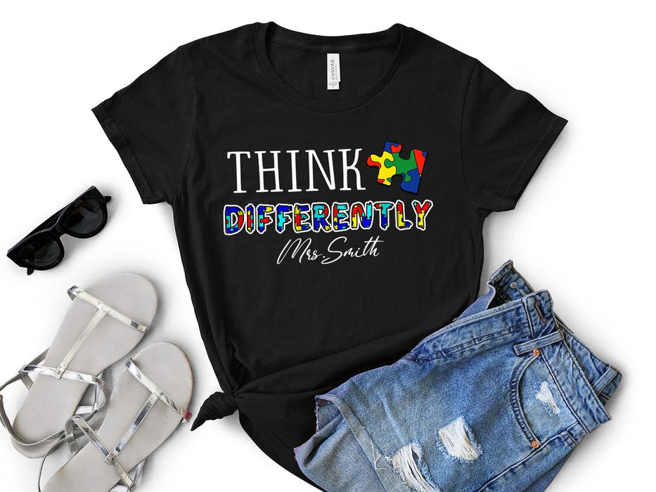 Personalized T-Shirt For Teacher Think Differently Color Words Puzzle Printed Custom Name Back To School Outfit