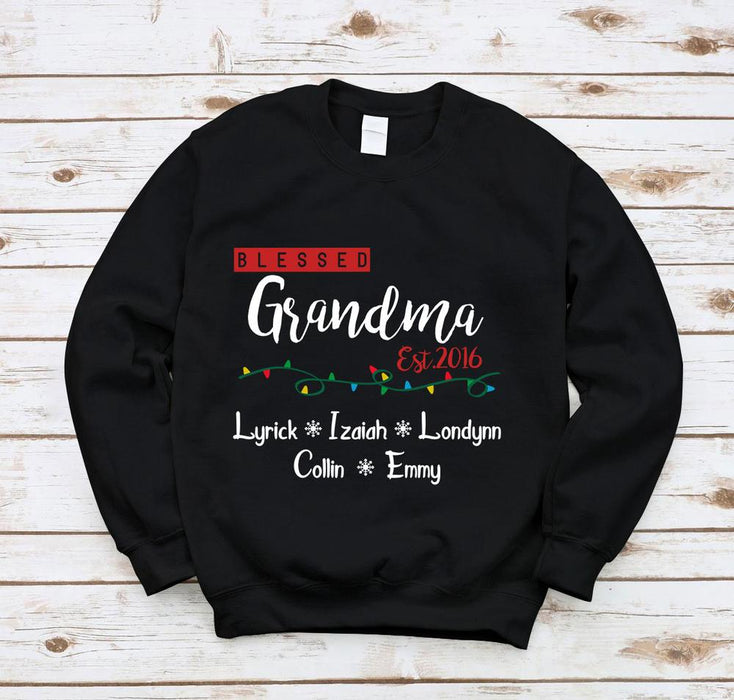 Personalized Sweatshirt Blessed Grandma Est. Year Print Lights & Snowflakes Custom Grandkids Name