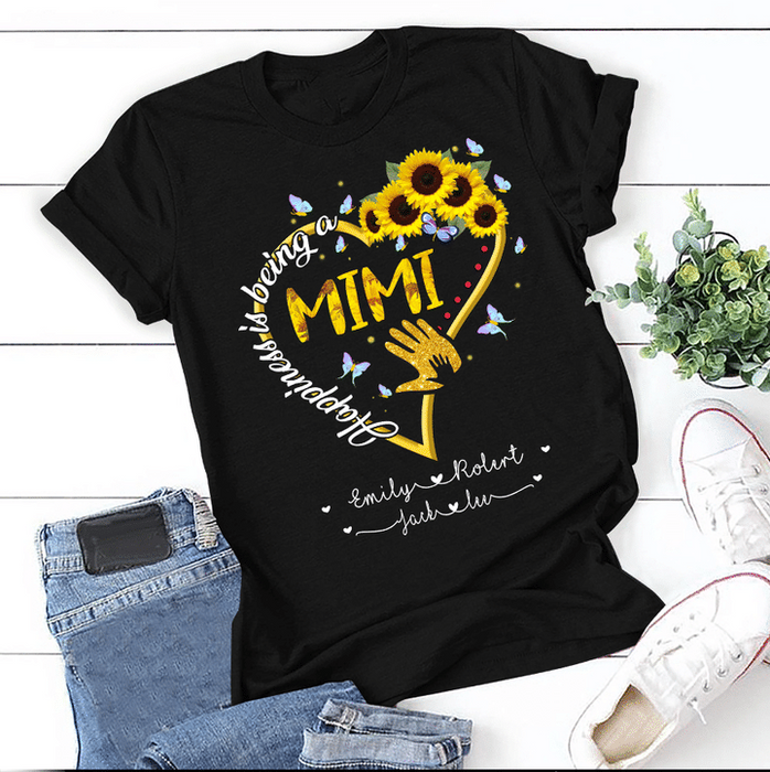 Personalized T-Shirt For Grandma Happiness Is Being A Mimi Sunflower Heart Printed Custom Grandkids Name