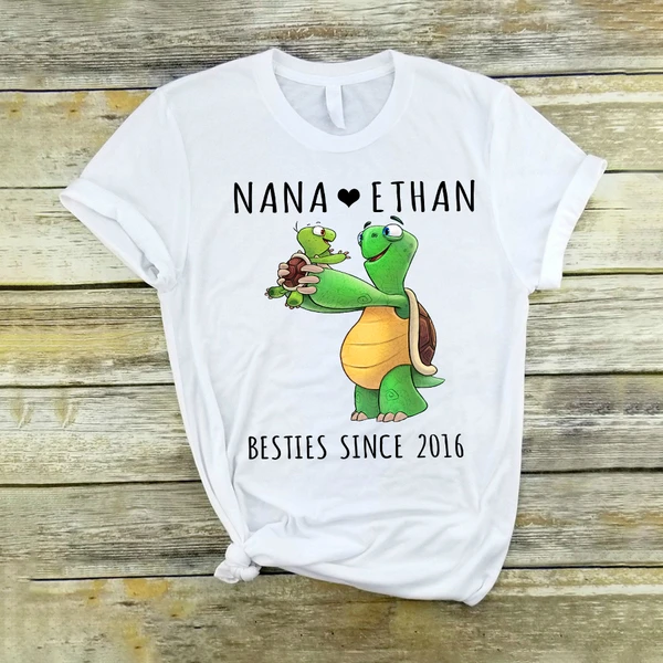 Personalized T-Shirt For Grandma Nana Besties Since 2016 Cute Turtle And Baby Custom Grandkid's Name And Year