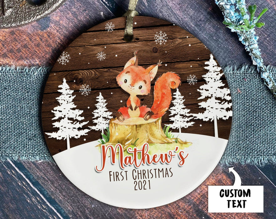Personalized Ornament Baby First Christmas Custom Name & Year Print Cute Red Fox Tree & Snowflake Circle Ornament