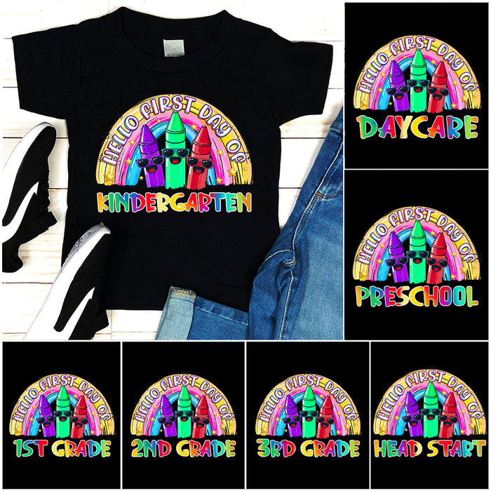 Personalized T-Shirt For Kids Hello First Day Of Kindergarten Color Rainbow And Cute Pencil Printed Custom Grade Level