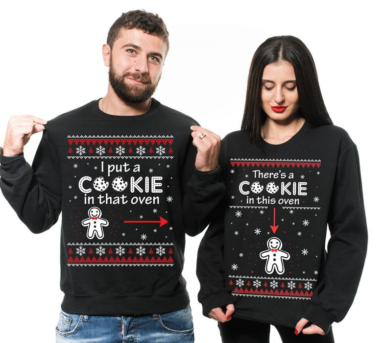 Christmas Pregnancy Announcement Sweatshirt For Couples I Put A Cookie In That Oven Maternity Ugly Sweater