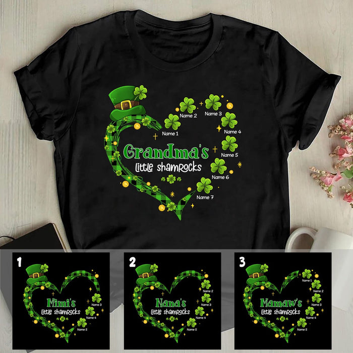 Personalized Patrick'S Day T-Shirt Grandma'S Little Shamrocks Green Plaid Heart Printed Custom Grandkids Name