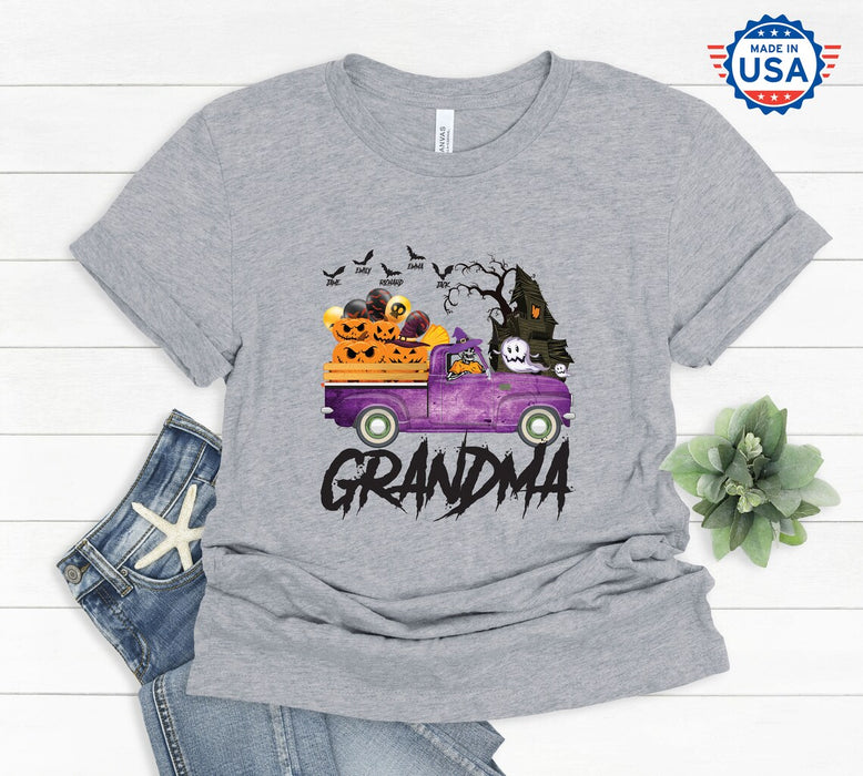 Personalized T-Shirt For Grandma Purple Pumpkin Truck With Ghost And Bat Printed Custom Grandkids Name Halloween Shirt