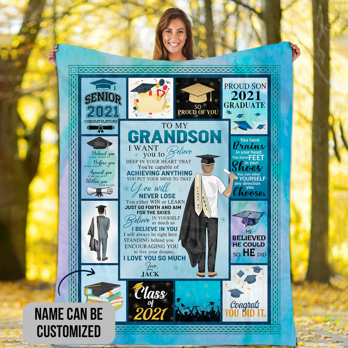 Personalized Graduation Blanket To My Grandson From Grandparent Blue Design Senior 2022 Congratulation Custom Name