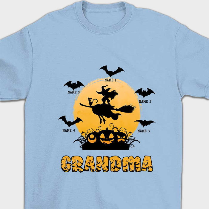 Personalized T-Shirt For Grandma Witch With Bat Printed Monster Pumpkin Custom Grandkids Name Shirt For Halloween