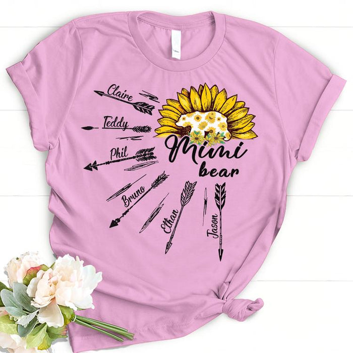 Personalized T-Shirt For Grandma Mimi Bear Haft Sunflower & Arrow Printed Custom Grandkids Name