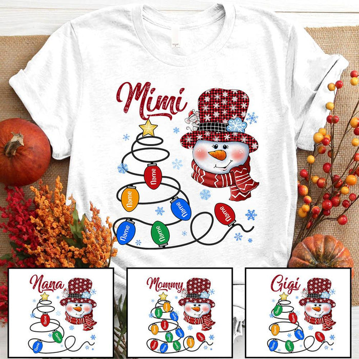 Personalized T-Shirt For Grandma Mimi Snowman Snowflakes & Lights Printed Custom Grandkids Name Red Buffalo Plaid Design