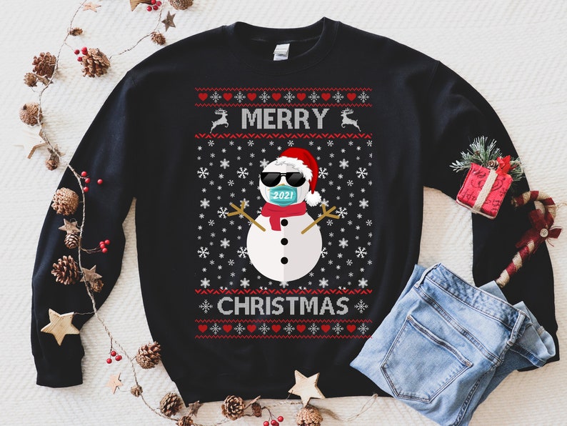 Personalized Ugly Sweatshirt For Men Women Merry Christmas Cute Snowman Wearing Mask Printed