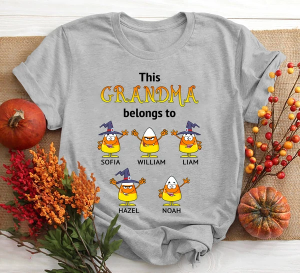 This Grandma Belongs To Custom Grandkid's Name Cute Candy Corn With Witch Hat Printed Shirt For Halloween