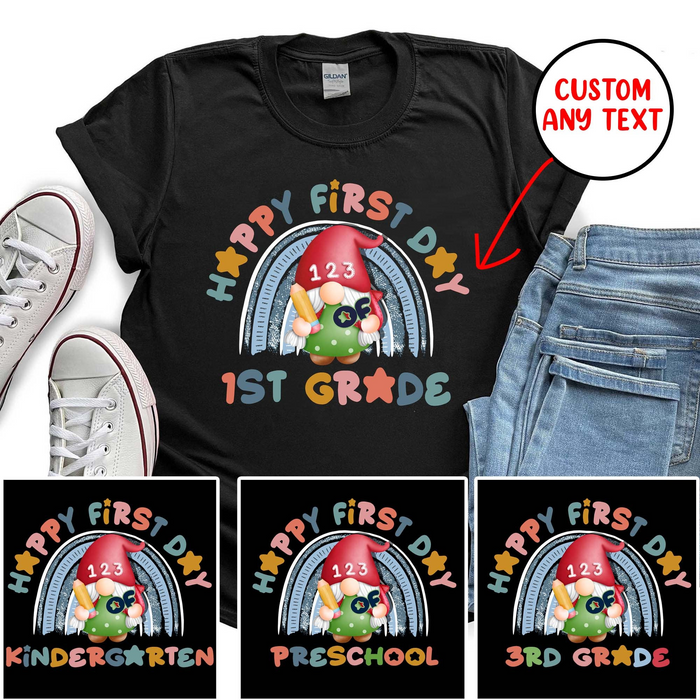 Personalized T-Shirt For Kid Happy First Day Of 1st Grade Rainbow Gnome Printed Custom Grade Level Back To School Outfit