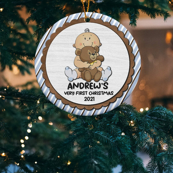 Personalized Circle Ornament Baby's Very First Christmas Custom Name & Year Print Cute Baby Holding A Teddy Bear