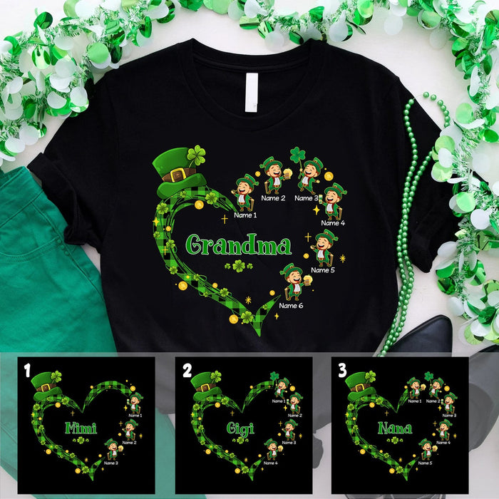 Personalized T-Shirt For Grandma Green Plaid Heart With Cute Leprechauns Printed Custom Grandkids Name