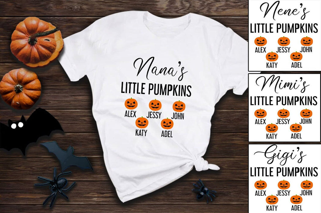 Personalized T-Shirt Nana's Little Pumpkins With Cute Pumpkin Printed Custom Grandkid's Name Shirt For Halloween