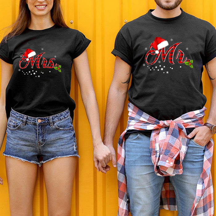 Classic Christmas Matching Shirt For Couple Mr And Mrs Plaid Design Poinsettia & Santa Hat Printed