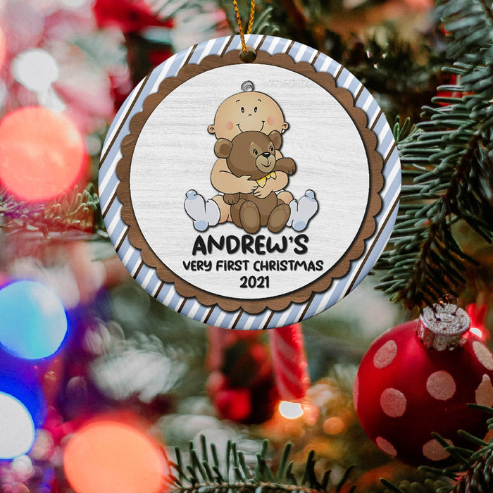 Personalized Circle Ornament Baby's Very First Christmas Custom Name & Year Print Cute Baby Holding A Teddy Bear