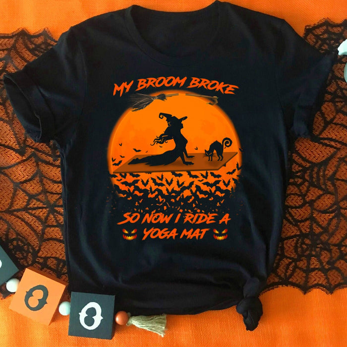 Classic T-Shirt For Yoga Lovers My Broom Broke So Now I Ride A Yoga Mat Witch & Black Cat Printed Halloween Shirt