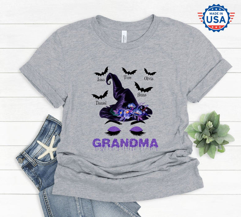 Personalized T-Shirt For Grandma Witch Hat With Flower Above And Bat Printed Sparkle Design Custom Grandkids Name