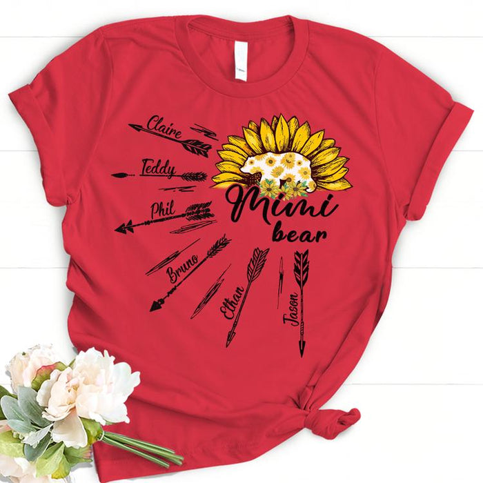 Personalized T-Shirt For Grandma Mimi Bear Haft Sunflower & Arrow Printed Custom Grandkids Name