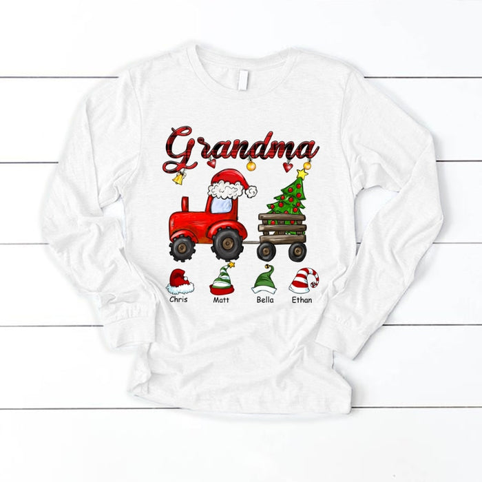 Personalized Sweatshirt & Hoodie For Grandma Red Truck Xmas Tree & Santa Elf Hat Printed Custom Grandkids Name