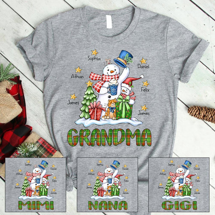 Personalized T-Shirt For Grandma Cute Snowman With Tree Boxes & Cat Printed Custom Grandkids Name Buffalo Plaid Design