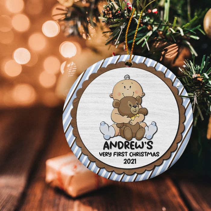 Personalized Circle Ornament Baby's Very First Christmas Custom Name & Year Print Cute Baby Holding A Teddy Bear