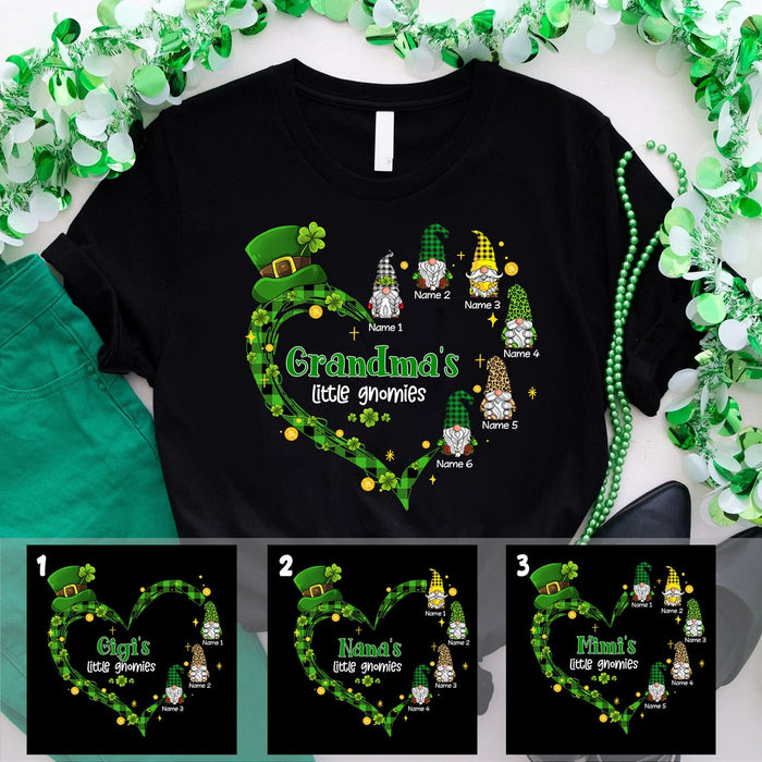 Personalized T-Shirt Grandma'S Little Gnomies Green Plaid Heart Cute Gnome Printed Custom Grandkids Name