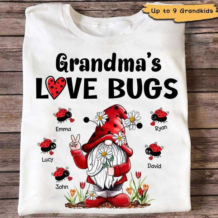 Personalized T-Shirt Grandma‘s Love Bugs Cute Gnome With Daisy Flower & Heart Printed Custom Grandkids Name