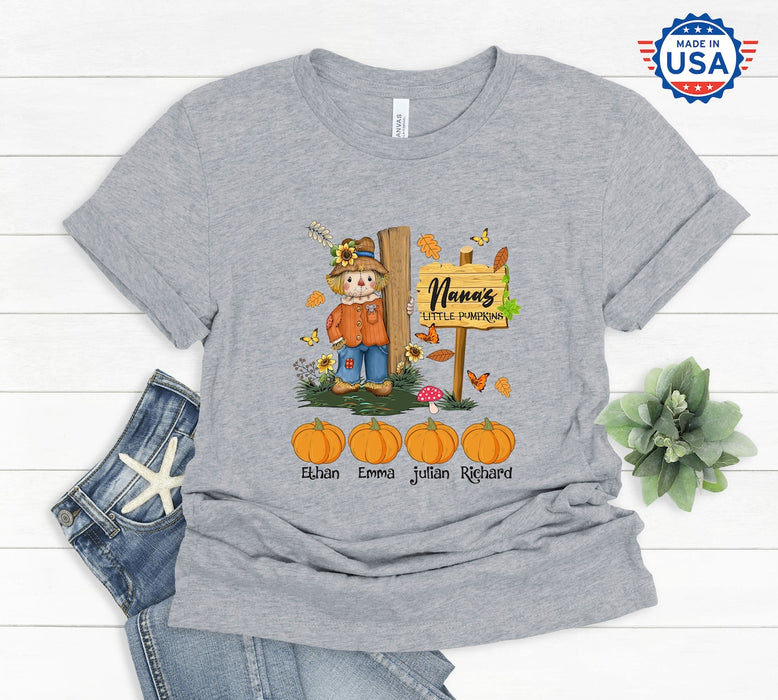 Personalized T-Shirt For Grandma Nana's Little Pumpkin Scarecrow With Sunflower Hat Printed Custom Grandkid's Name