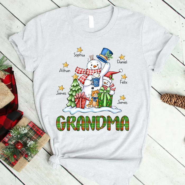 Personalized T-Shirt For Grandma Cute Snowman With Tree Boxes & Cat Printed Custom Grandkids Name Buffalo Plaid Design