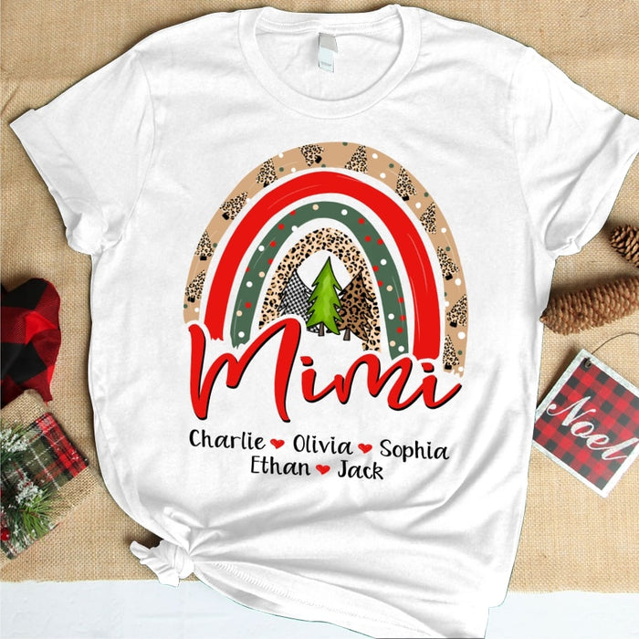 Personalized T-Shirt For Grandma Mimi Rainbow Christmas Tree Printed Leopard Design Custom Grandkids Name