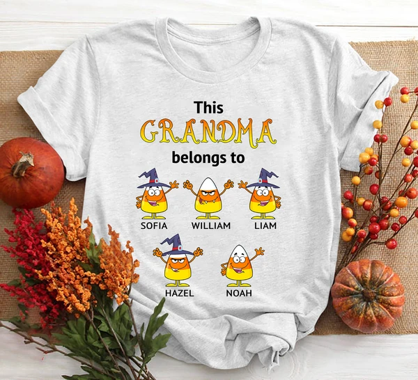 This Grandma Belongs To Custom Grandkid's Name Cute Candy Corn With Witch Hat Printed Shirt For Halloween