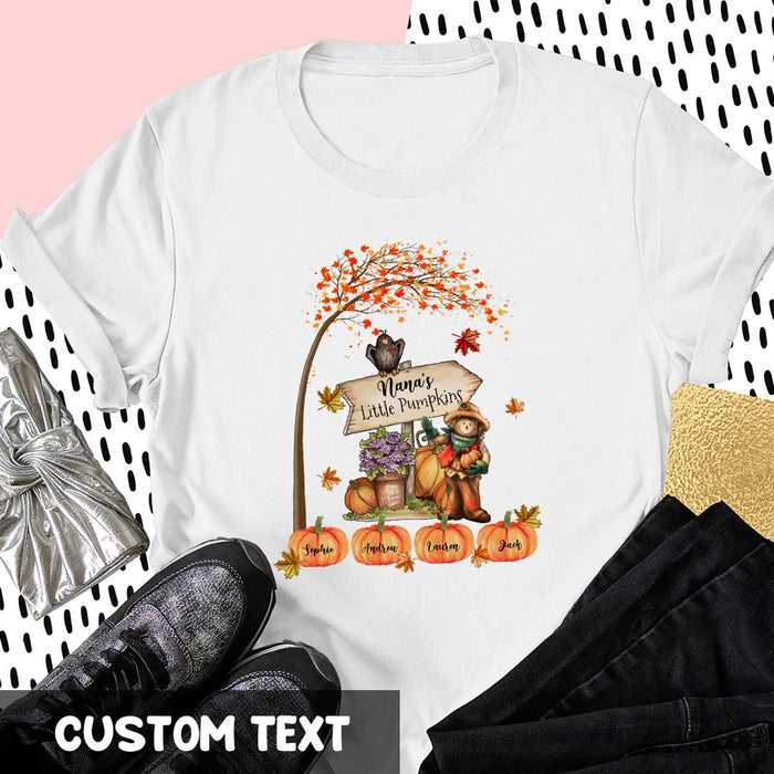 Personalized T-Shirt For Grandma Nana Little Pumpkins Scarecrow With Owl Printed Custom Grandkids Name Fall Shirt
