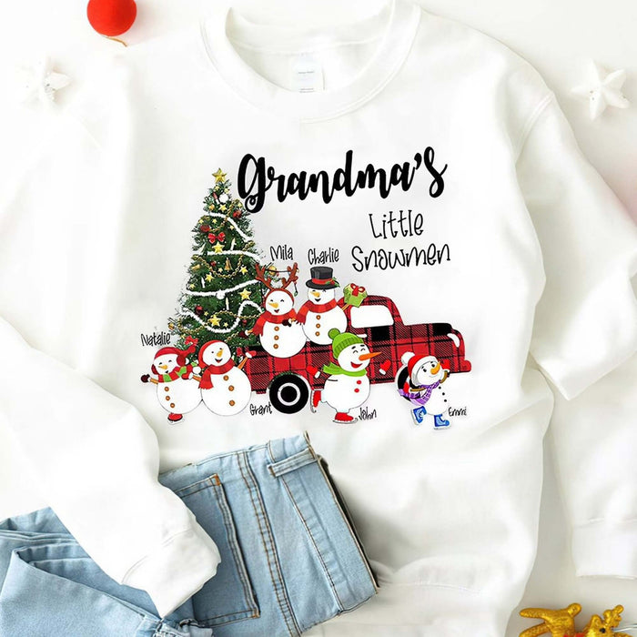 Personalized Sweatshirt Grandma's Little Snowmen Cute Snowman & Plaid Truck Printed Custom Grandkids Name