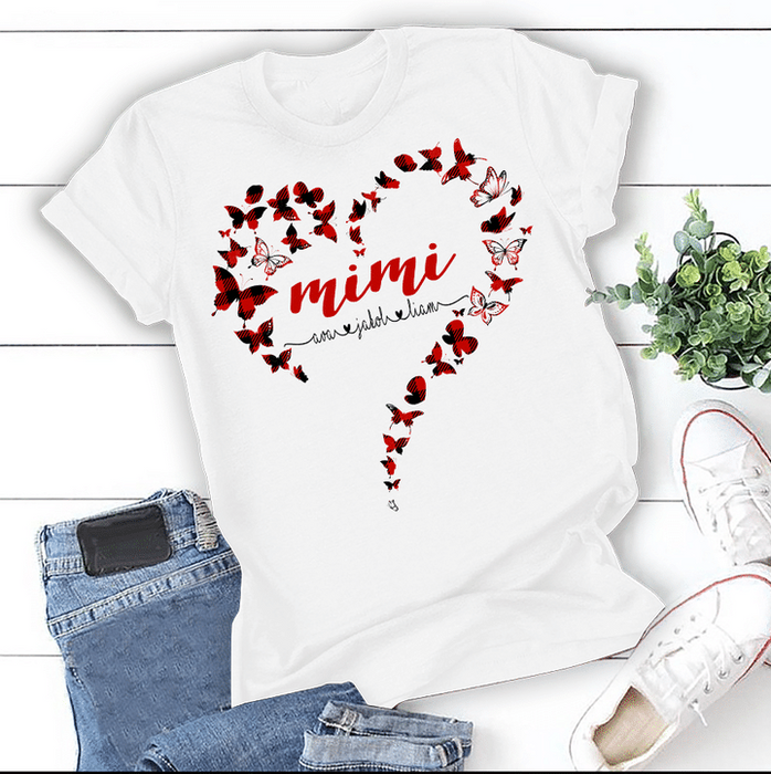 Personalized T-Shirt For Grandma Mimi Butterfly Heart Red Buffalo Plaid Design Custom Grandkids Name