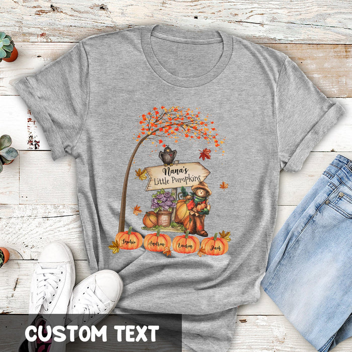 Personalized T-Shirt For Grandma Nana Little Pumpkins Scarecrow With Owl Printed Custom Grandkids Name Fall Shirt