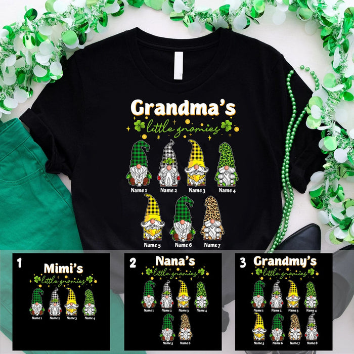 Personalized T-Shirt Grandma'S Little Gnomies Cute Gnomes & Shamrocks Printed Custom Grandkids Name