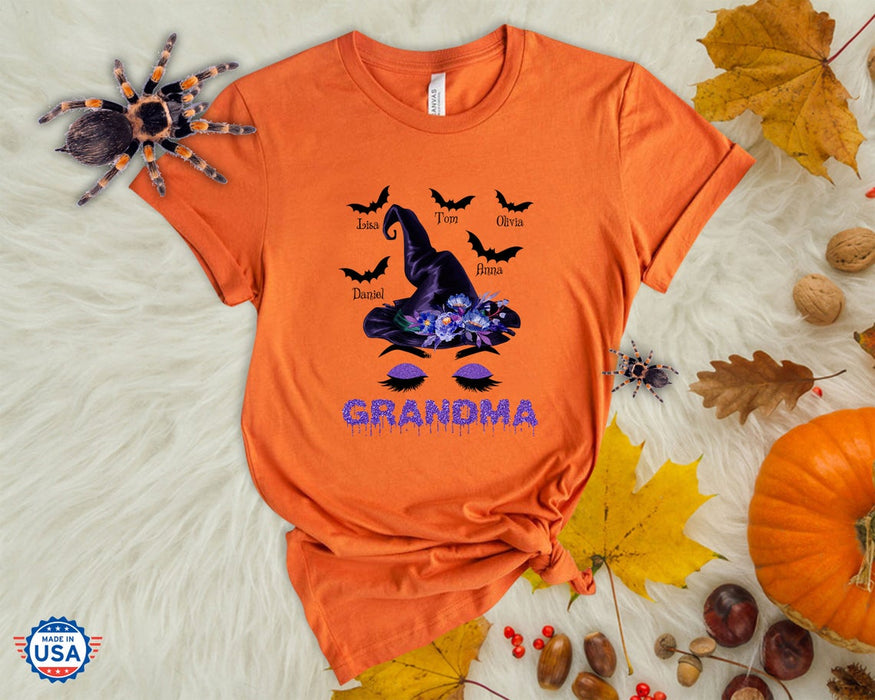 Personalized T-Shirt For Grandma Witch Hat With Flower Above And Bat Printed Sparkle Design Custom Grandkids Name