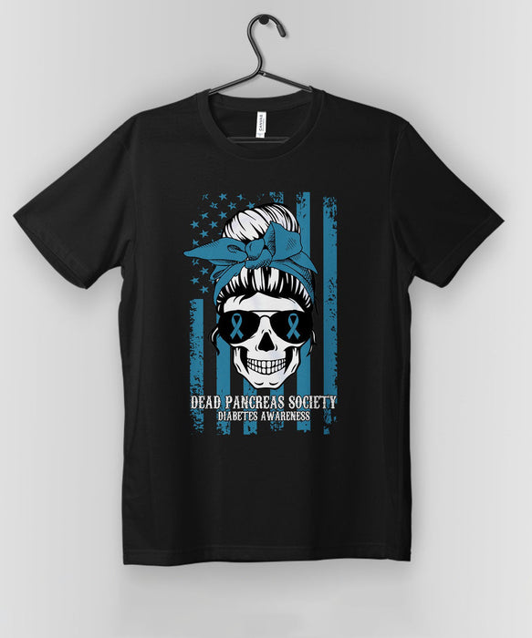 American Flag Blue Messy Bun Skull Lady Diabetes Shirt For Women Dead Pancreas Society Diabetes Awareness T-Shirts