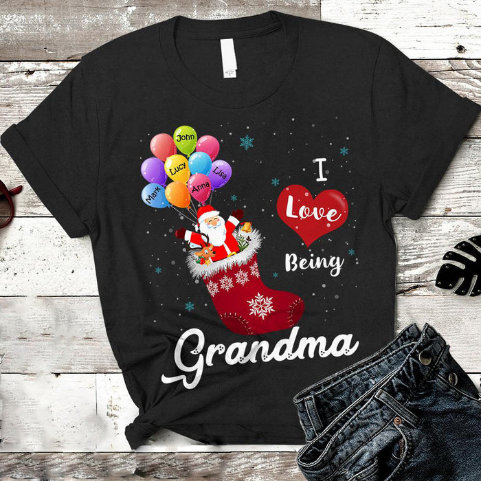 Personalized T-Shirt I Love Being Grandma Print Cute Santa Claus Sock And Colorful Balloon Custom Grandkids Name