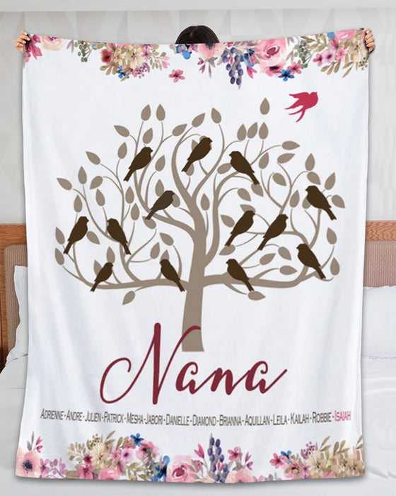 Personalized Blanket For Grandma Nana Tree Birds And Colorful Flower Printed Custom Grandkids Name