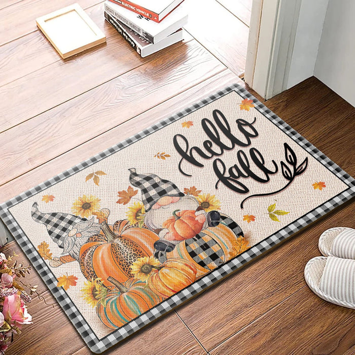 Welcome Doormat For Fall Lovers Hello Fall Cute Gnome With Sunflower & Maple Leaves Printed Leopard Plaid Design