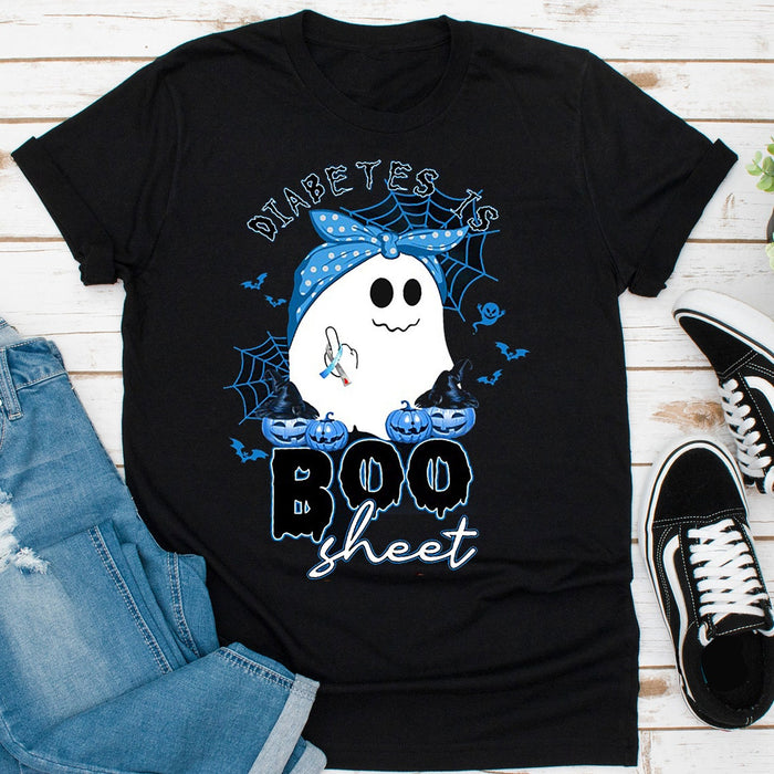 Diabetes Is Boo Sheet Shirt For Women Girl Funny Halloween Boo Diabetes Cancer Awareness T-Shirt Blue Ribbon Ghost Tee