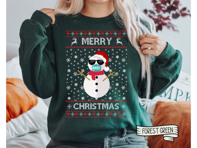 Personalized Ugly Sweatshirt For Men Women Merry Christmas Cute Snowman Wearing Mask Printed